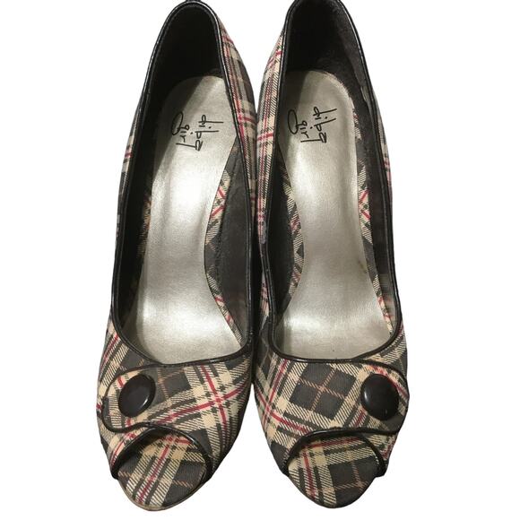 Diba Girl Shoes Brown, Tan & Red Plaid Peep Toe Pin Up Leather Sole 4" Heels - Picture 1 of 6